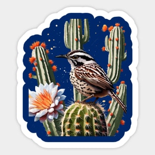 Cactus Wren Surrounded By Saguaro Cactus Blossom Sticker